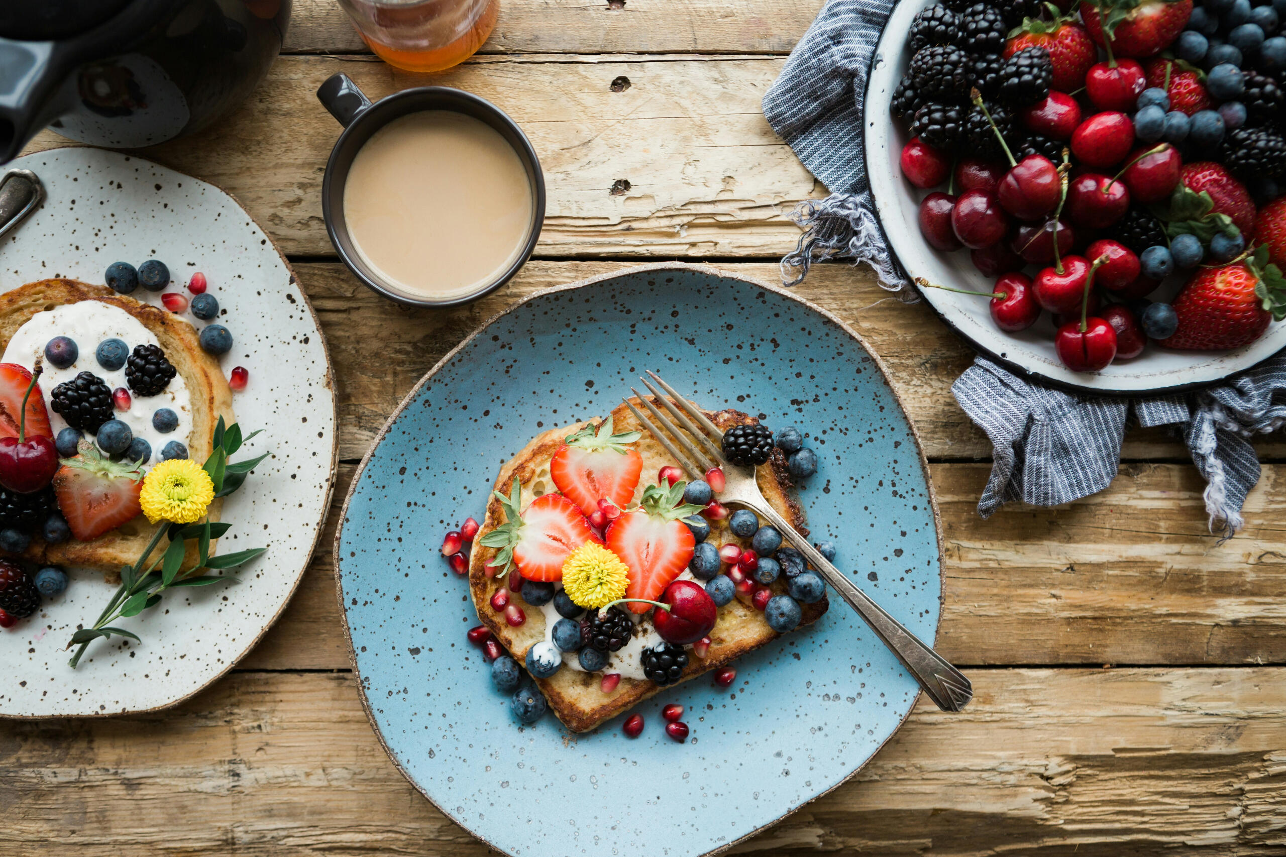 Blue plant with fruit and flower open-faced sandwich